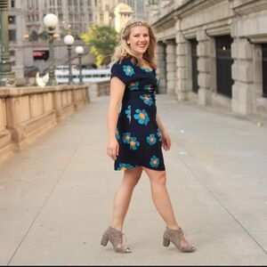 Banana Republic Navy Dress with Teal & Yellow-Orange Floral Accents
